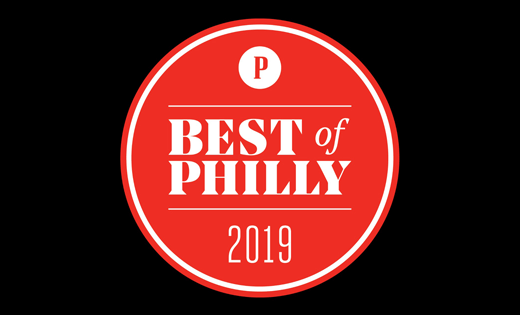 Philadelphia magazine's Best Of Philly 2019 red circular logo white border, white text