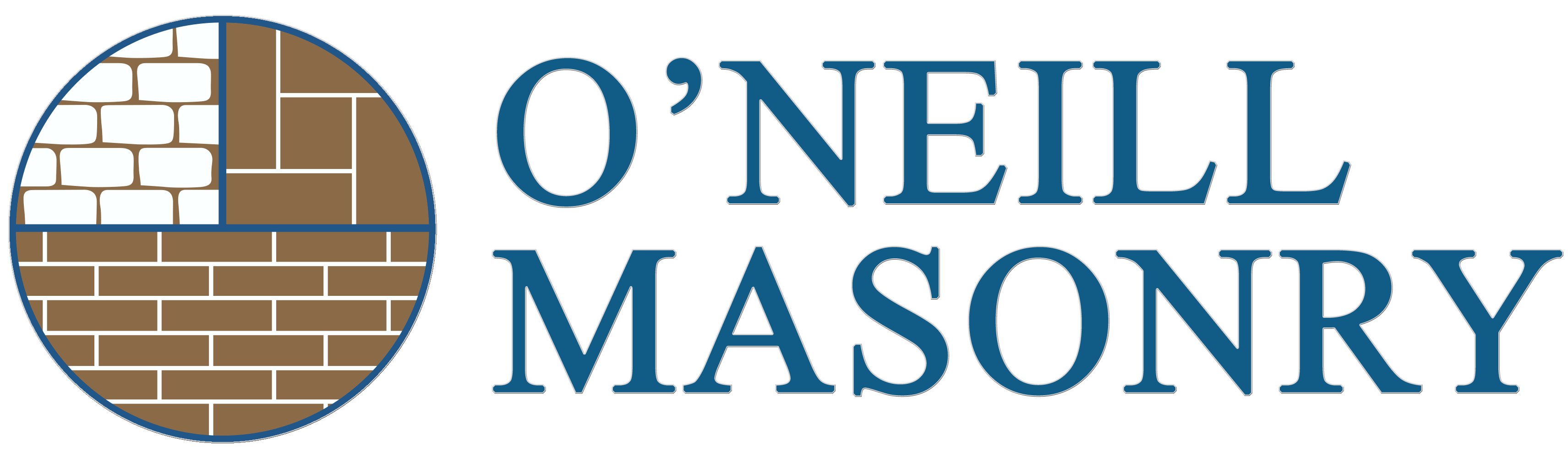 O'Neill Masonry brick texture logo inside, navy blue border circle and text